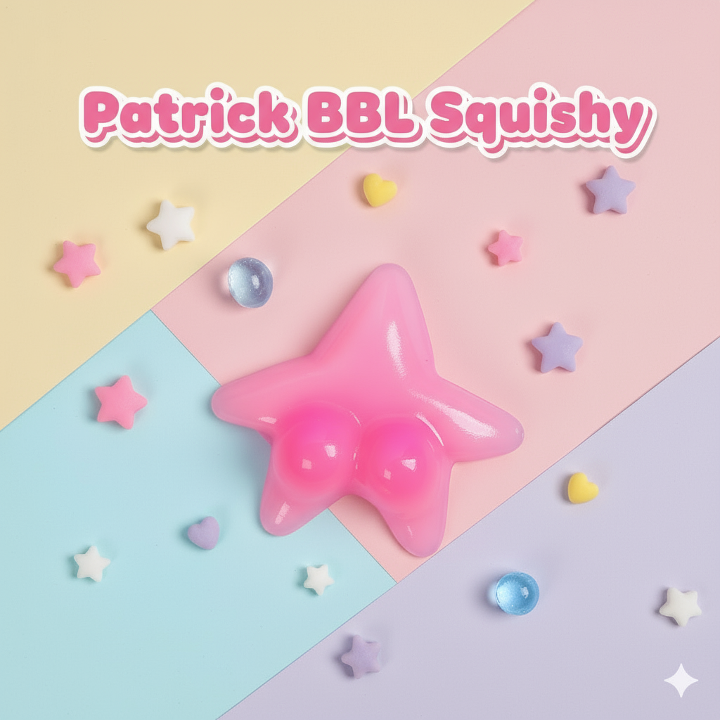 Pink star-shaped squishy toy on a colorful geometric background with 'Patrick BBL Squishy' text.
